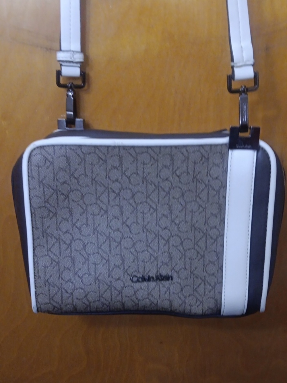 Calvin Klein Brown Monogram Crossbody with White Trim